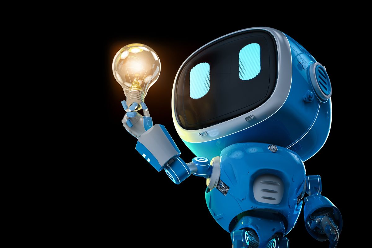 Blauer Roboter hält eine leuchtende Glühbirne – KI treibt Innovationen im digitalen Zeitalter voran