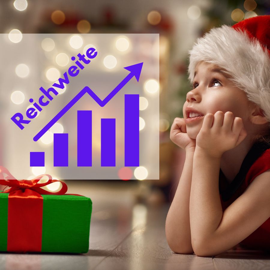 Kind mit Weihnachtsgeschenk und aufsteigender Reichweitengrafik.