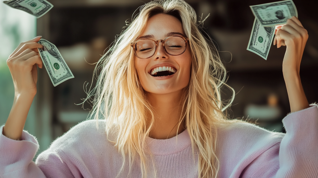 Lachende Bloggerin feiert Pinterest Erfolg mit Dollarnoten passives Einkommen
