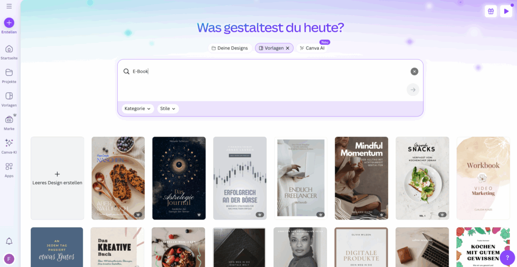 Screenshot der Canva-Oberfläche mit verschiedenen E-Book-Vorlagen, darunter Themen wie Finanzen, Freelancer, gesunde Snacks und Video-Marketing