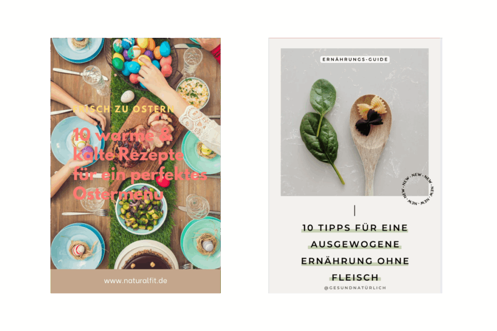 Vergleich zweier Pinterest-Pins zum Thema Ernährung: Links ein bunter Rezept-Pin für Ostern mit gedecktem Tisch und Text in Rosatönen, rechts ein minimalistischer Ratgeber-Pin zur fleischfreien Ernährung mit klarer Typografie und neutralem Design.