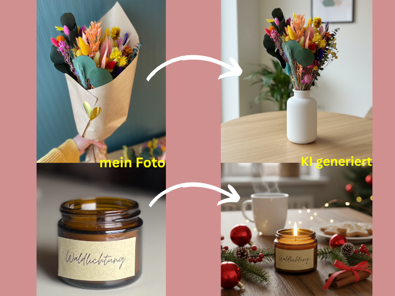 Gegenüberstellung realer Produktfotos und KI-generierter Pinterest-Bilder: Trockenblumenstrauß und Duftkerze im Vergleich. Demonstration, wie täuschend echt KI Pinterest Pins erstellen kann
