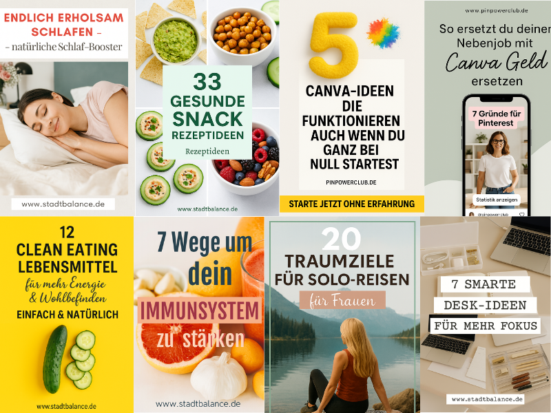 Pinterest-Pins mit Themen wie gesunde Snacks ohne Zucker und 9 Entspannungs-Hacks. Beispiele für realistisch wirkende KI-Designs, erstellt zur Demonstration von KI-Pins im Pinterest-Marketing-Artikel.